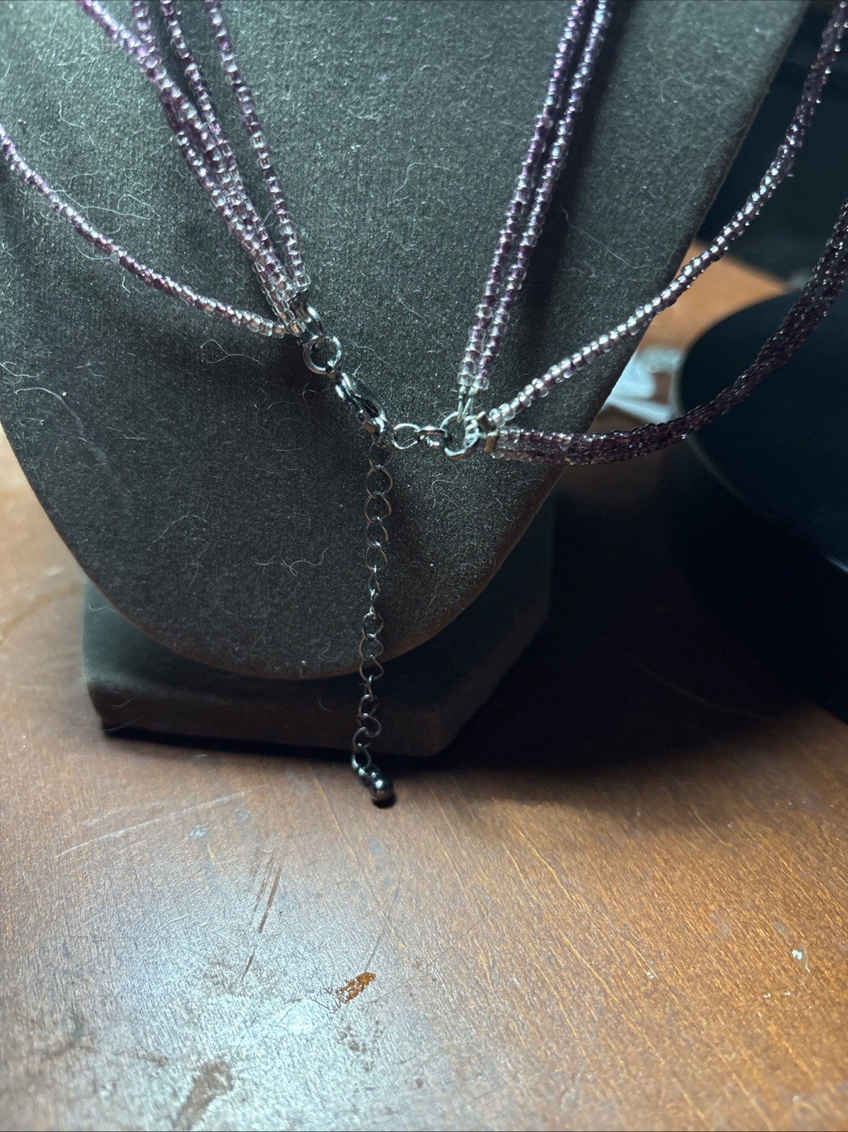20” 5 Strand Purple Seed Brad, Lavender Acyrlic, and Black Bead Necklace.