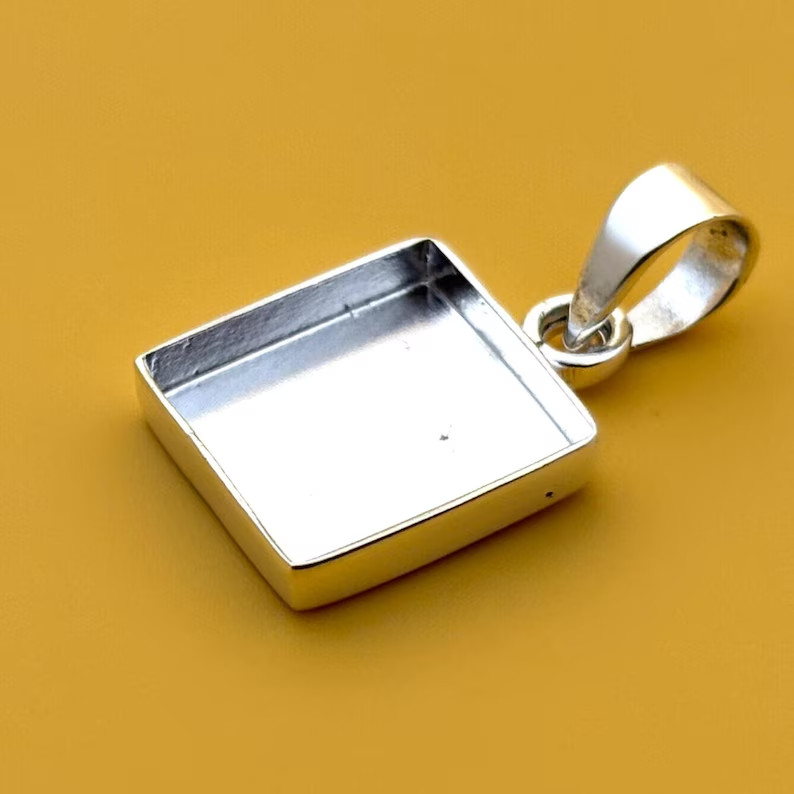 925 Sterling Silver 12mm Square Bezel Pendant Tray for Resin Cabochon Jewelry