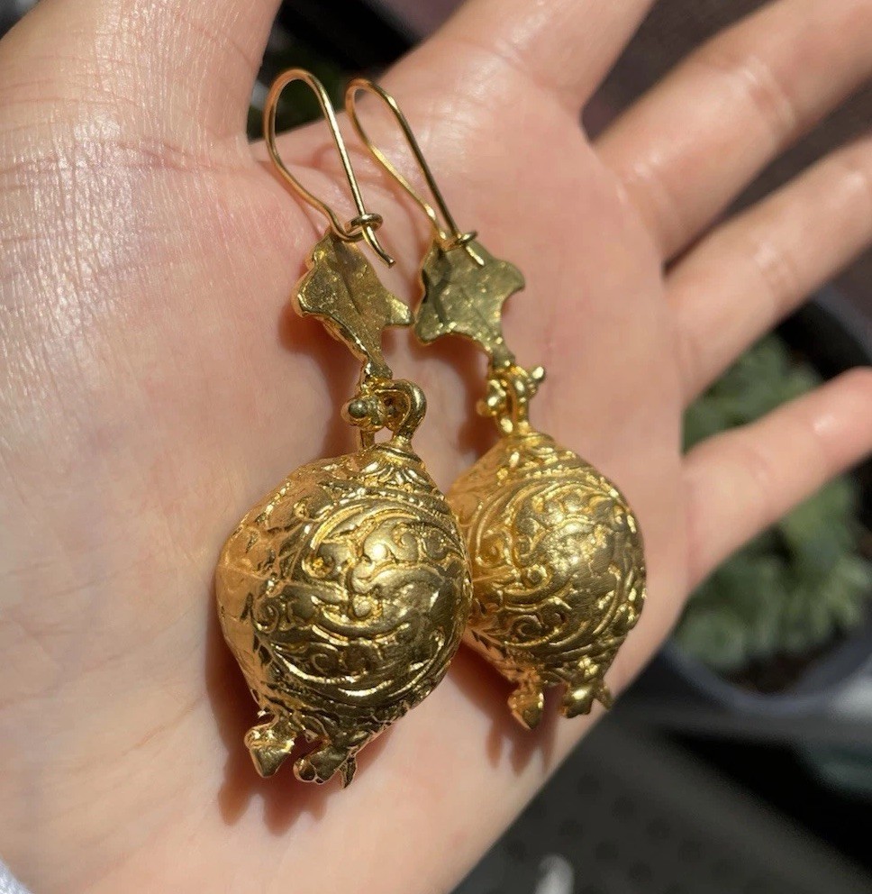 Gold Plated Copper Pomegranate Drop Earrings Red Seed Statement