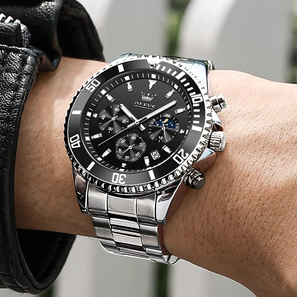 Moon Phase Men’s Watch – Luxury Waterproof Chronograph with Crystal Dial