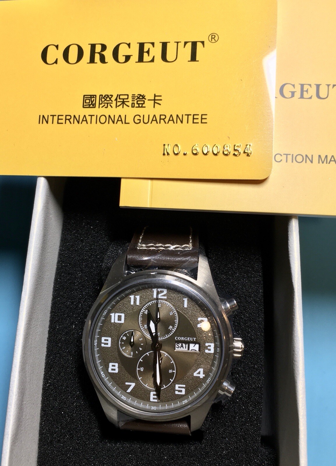 CORGEUT BRONZE DIAL CHRONO WATCH STAINLESS STEEL DAY DATE QUARTZ PILOT WATCH NEW