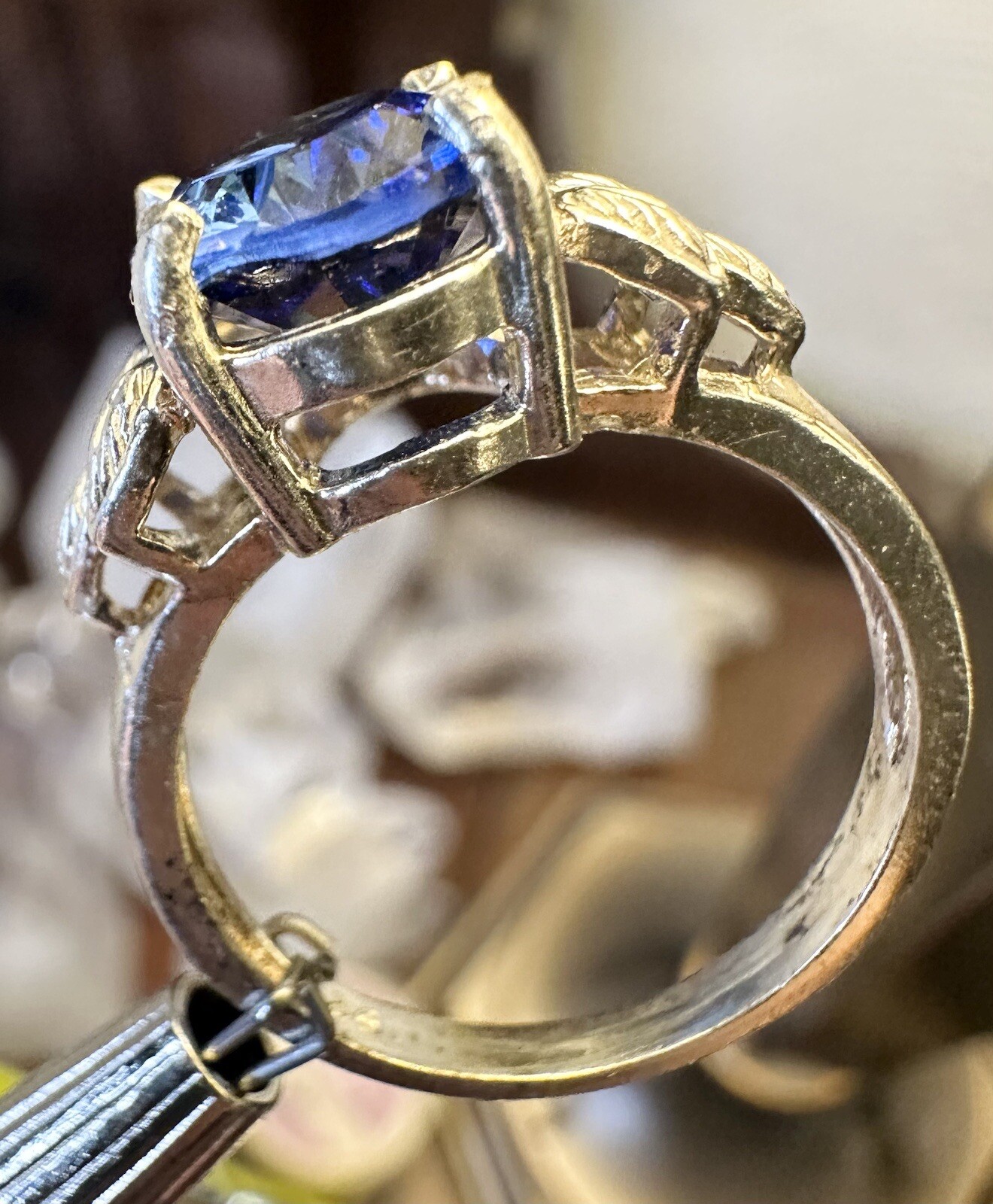 Lovely Deep Blue Lab Created Sapphire 925 Sterling Silver Leaf Detail Ring Sz 6