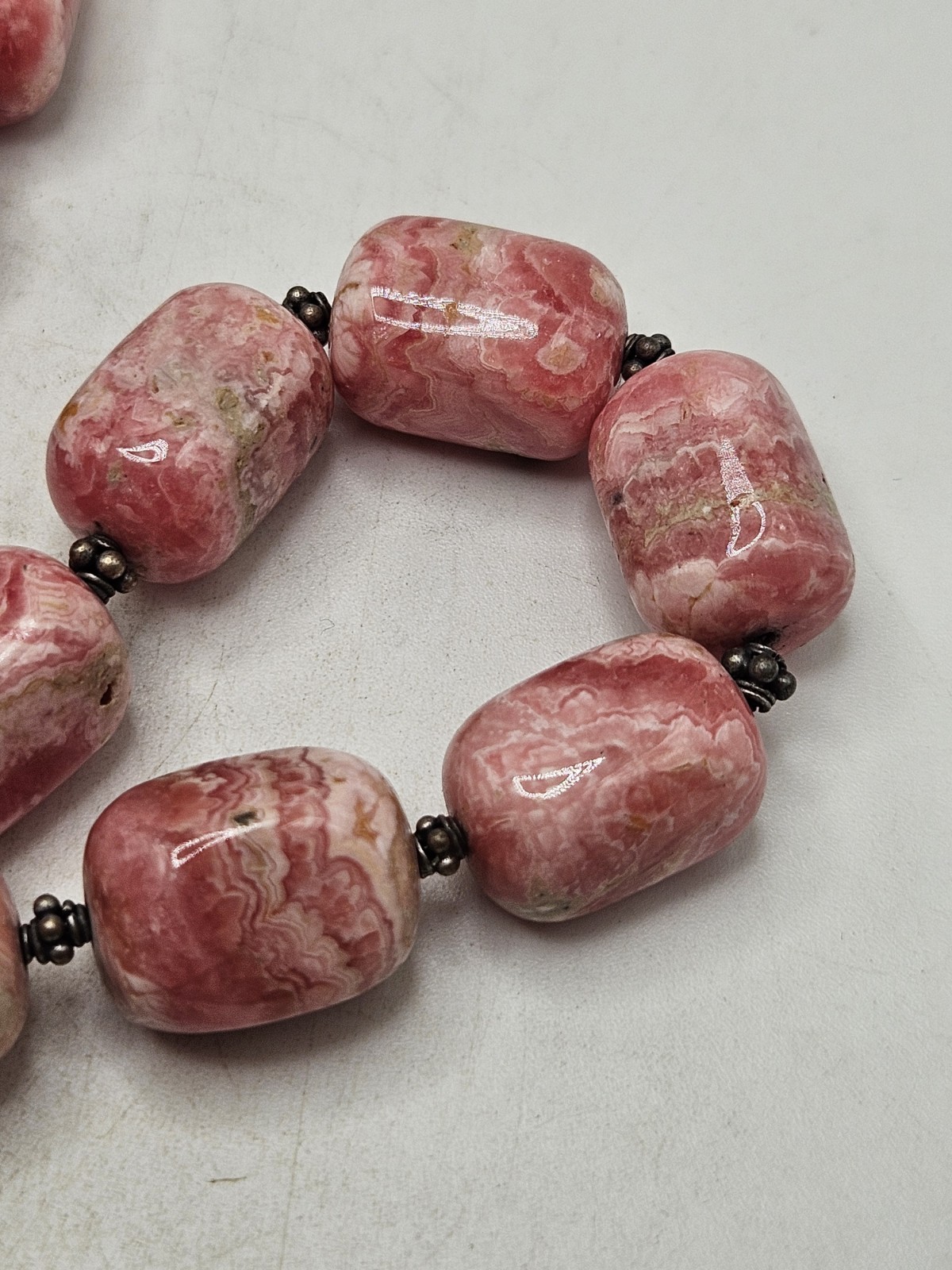 Hand Crafted Rhodochrosite Chunky Beaded Statement Necklace W/ Sterling…