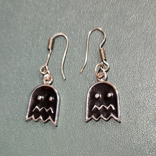 ENAMEL EARRINGS~PAC MAN GHOSTS~SILVER BLACK DANGLE PIERCED .75″ X .5″ FASHION