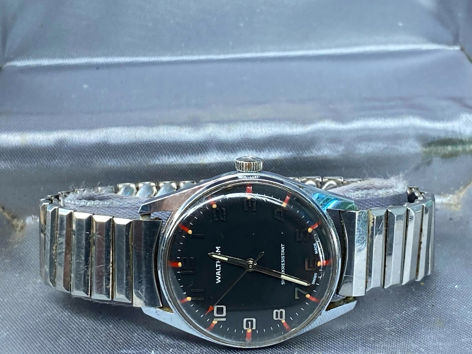 Vintage Waltham Swiss Mech. Watch Matte Black Dial Orange Racing Accent BOX