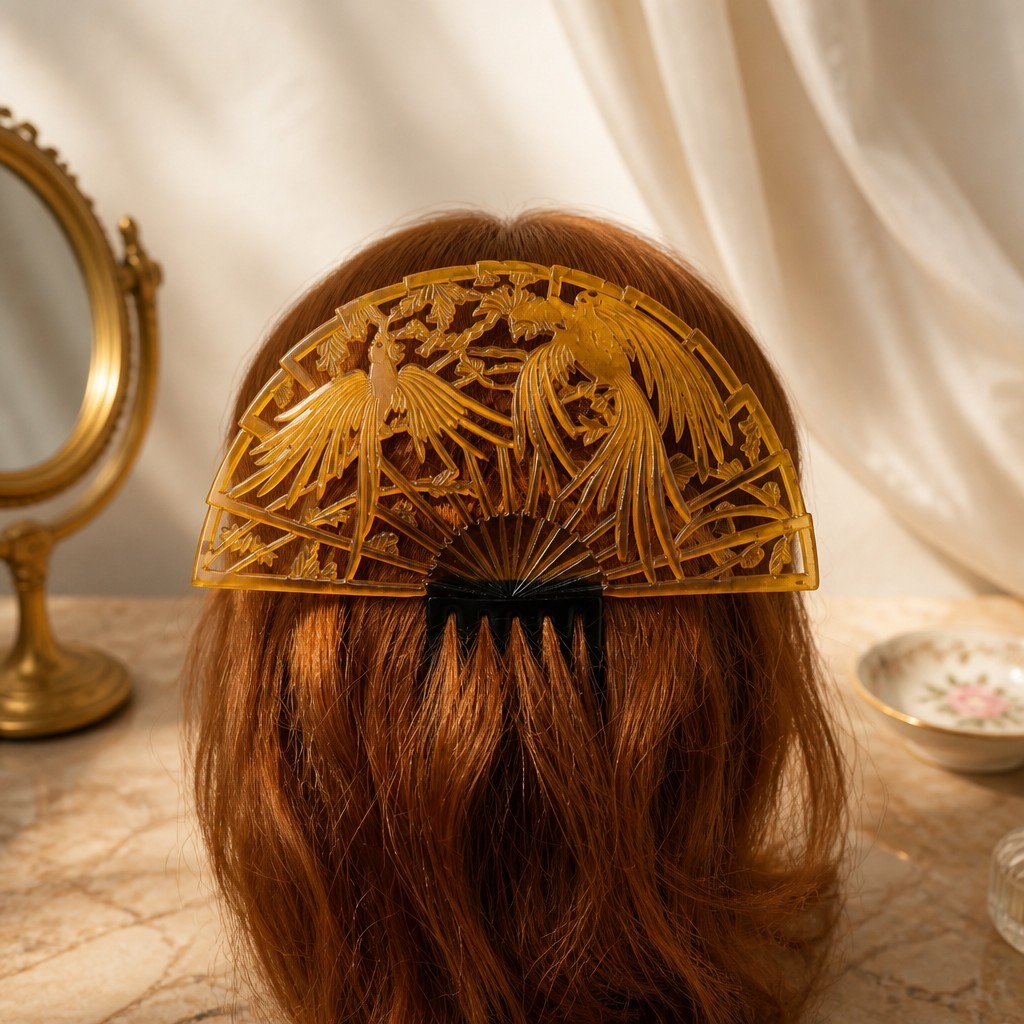 Vtg Large Art Nouveau Hair Comb Honey Amber Celluloid Figural Parrots Curved 8″