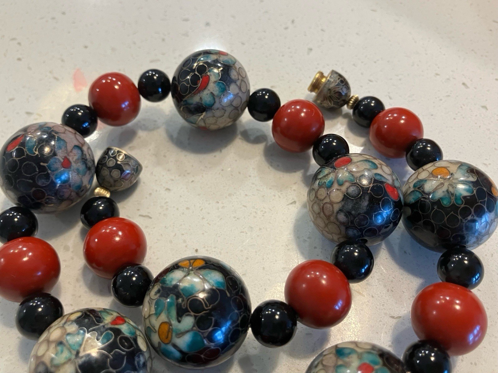 Vintage Huge Chinese Cinnabar Cloisonne Bead Necklace