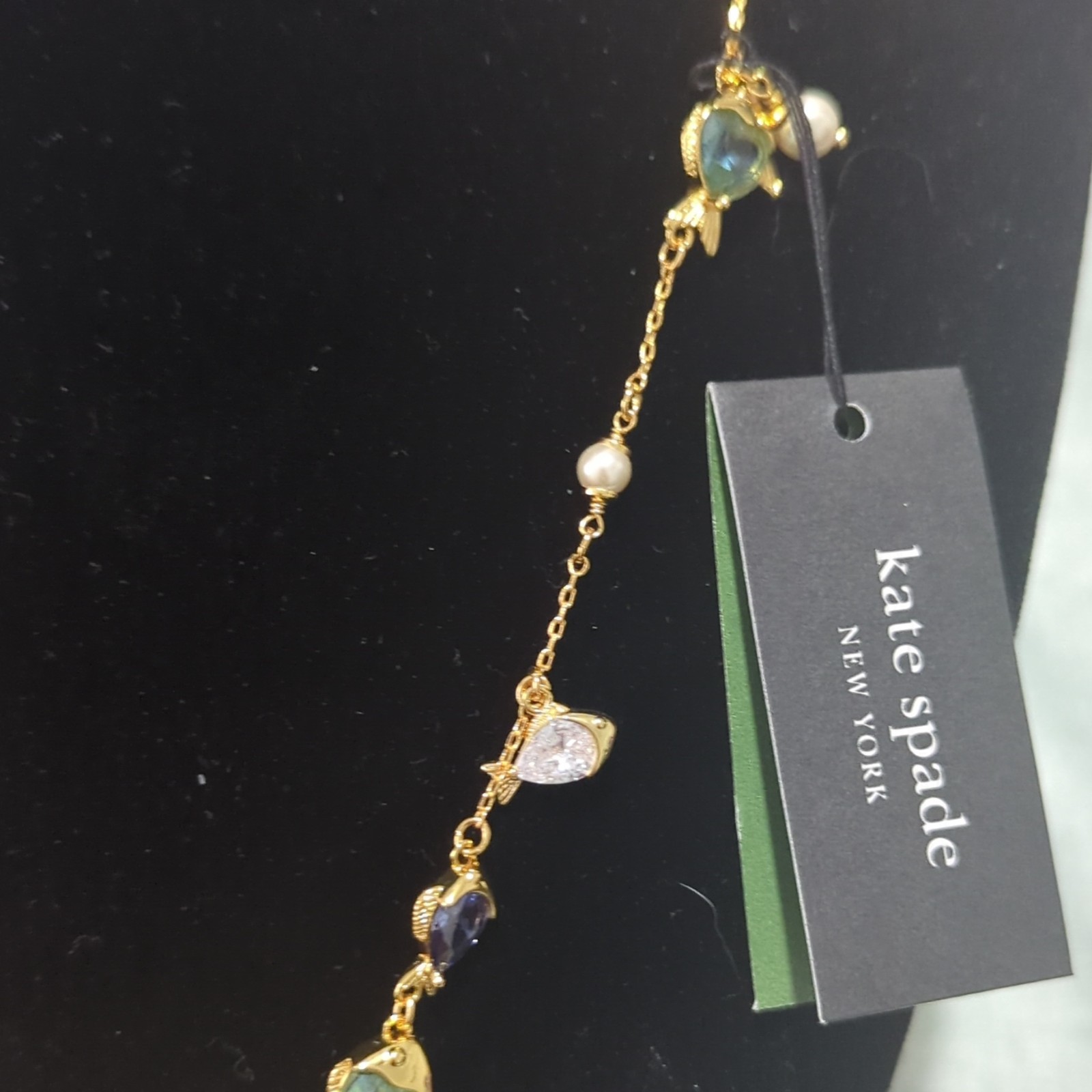 Kate Spade New York Gold Tone Fish Charm Necklace Crystal/Pearl Adjustable
