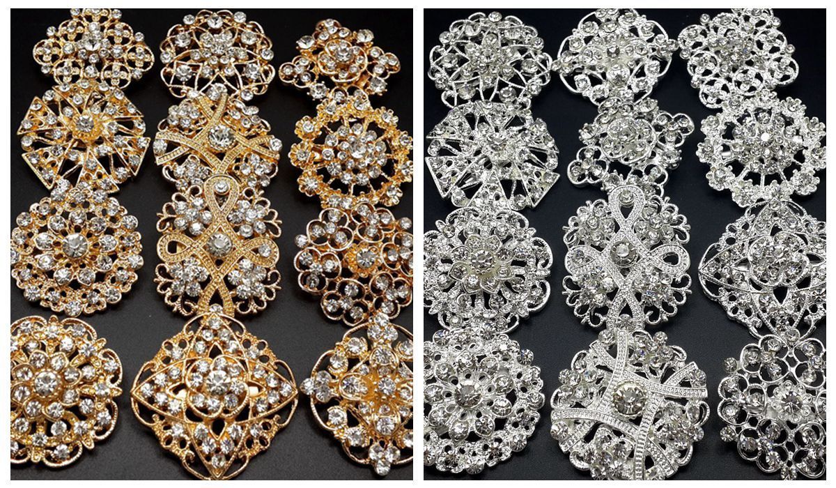 12pc lot Gold/Silver Rhinestone Crystal Brooch Pin DIY Wedding Bouquet 3cm-3.5cm