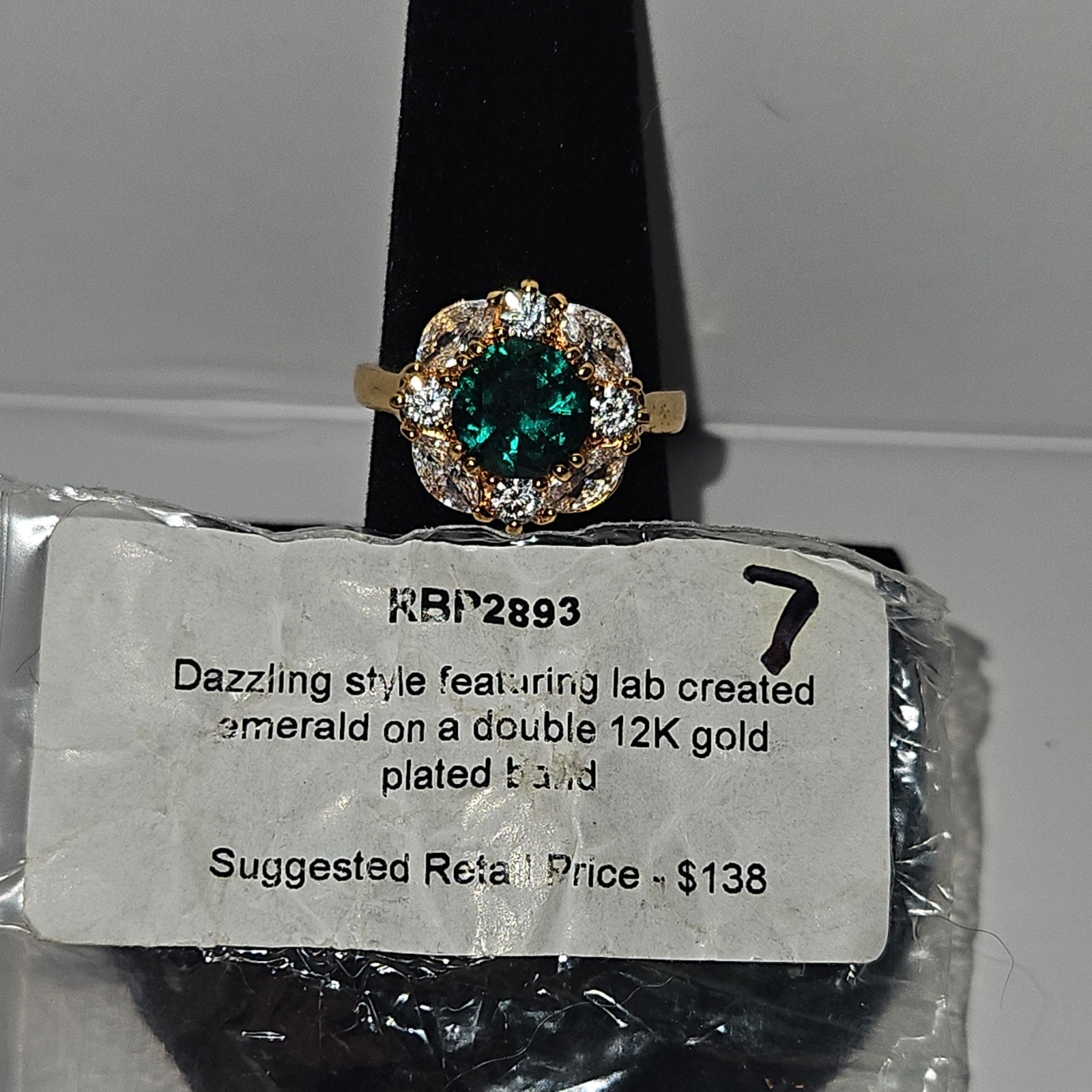 Lab-Created Emerald Halo Cocktail Ring 12k Yellow Gold Plated band Size 7
