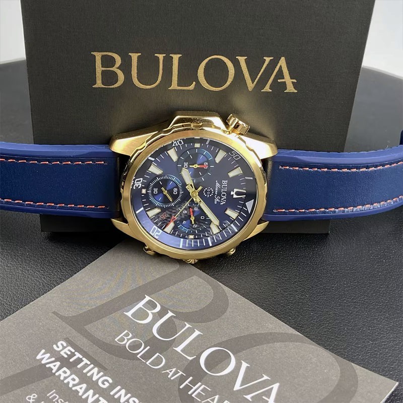Men Bulova Marine Star Blue/Gold Dial Chronograph 97B168 Quartz Watch 43mm