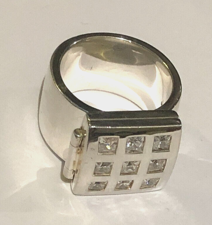 Sterling Silver PILL BOX RING 925 solid 11mm WIDE clear stone Secret Ring Size R
