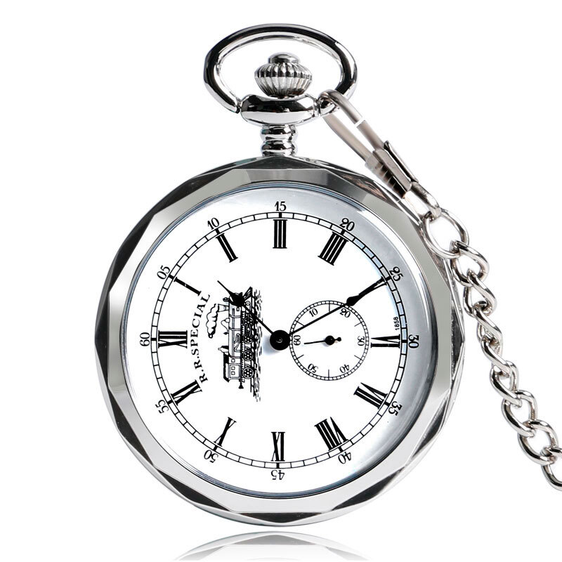 Silver Hand Winding Pocket Watch with Chain Open Face Railway Engine Mechanical