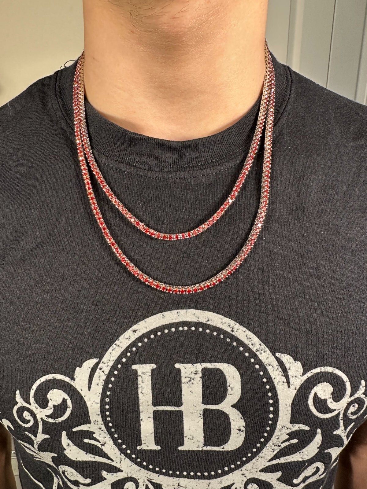 Real Ruby Red MOISSANITE 3mm Tennis Chain 925 Silver Iced Necklace Pass Test