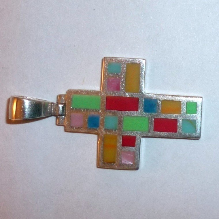 Vintage Sterling Silver Multi-Stone Inlay Cross Pendant Southwestern Jewelry