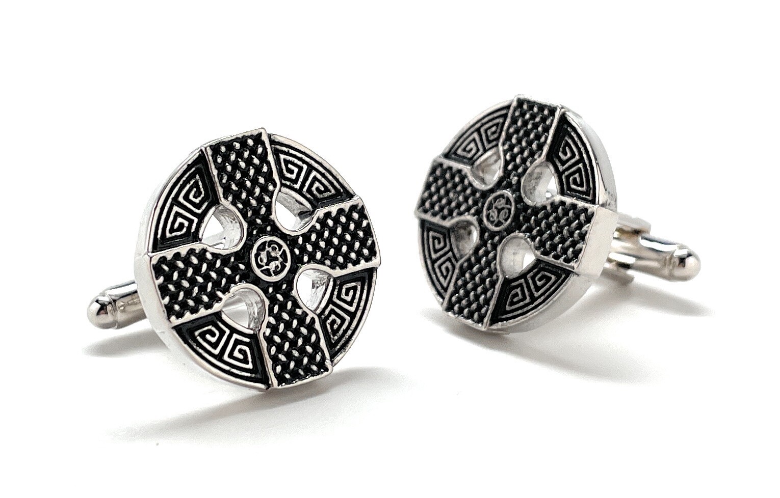 Celtic Cross Cufflinks Silver and Black Enamel Irish Cross Nimbus Cuff Links Wed