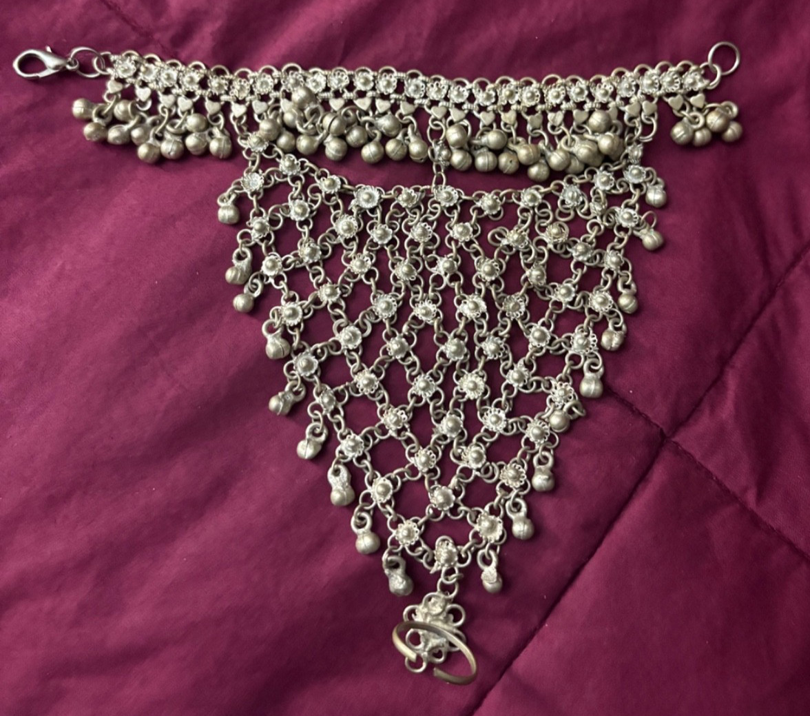 Afghan Kuchi Silver Toned Bracelet Waterfall Design with Connected Finger Ring