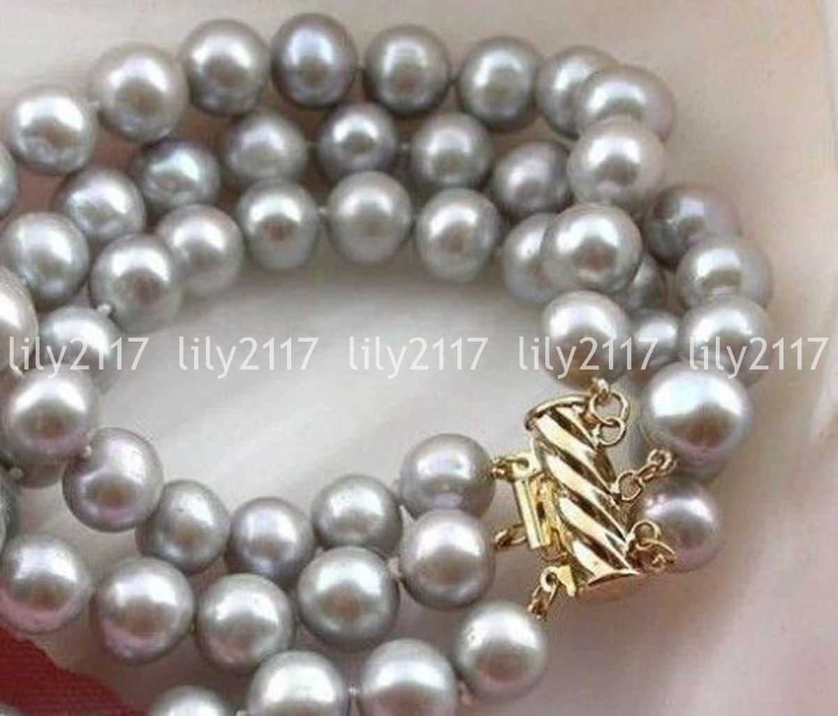 Natural 3 Rows 9-10mm Genuine South Sea Gray Pearl Bracelet 7.5″ 14KGP Clasp