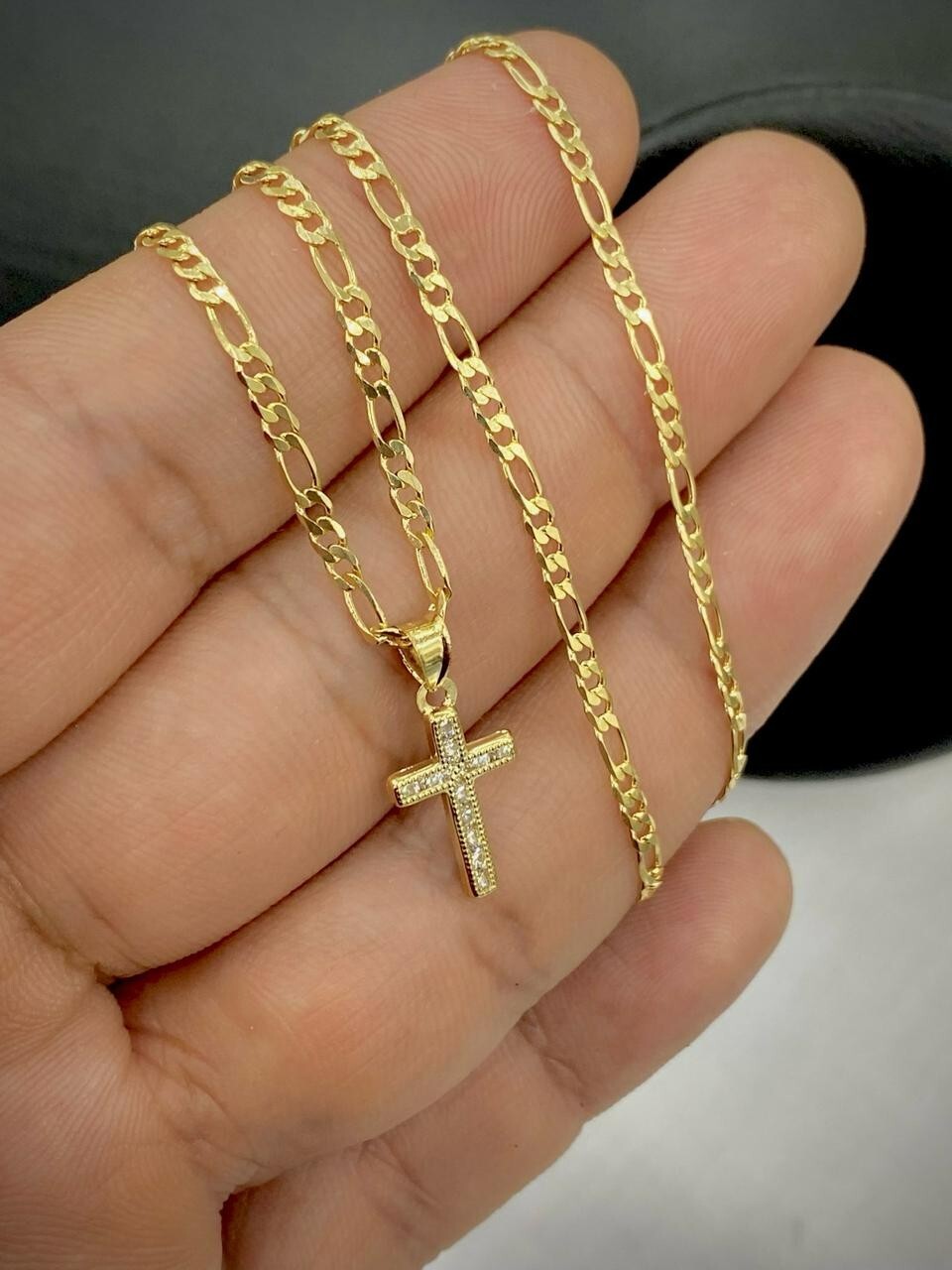 Men Women Cross CZ Pendant 14k Gold Filled Figaro Chain Necklace Baby Kids 17×10