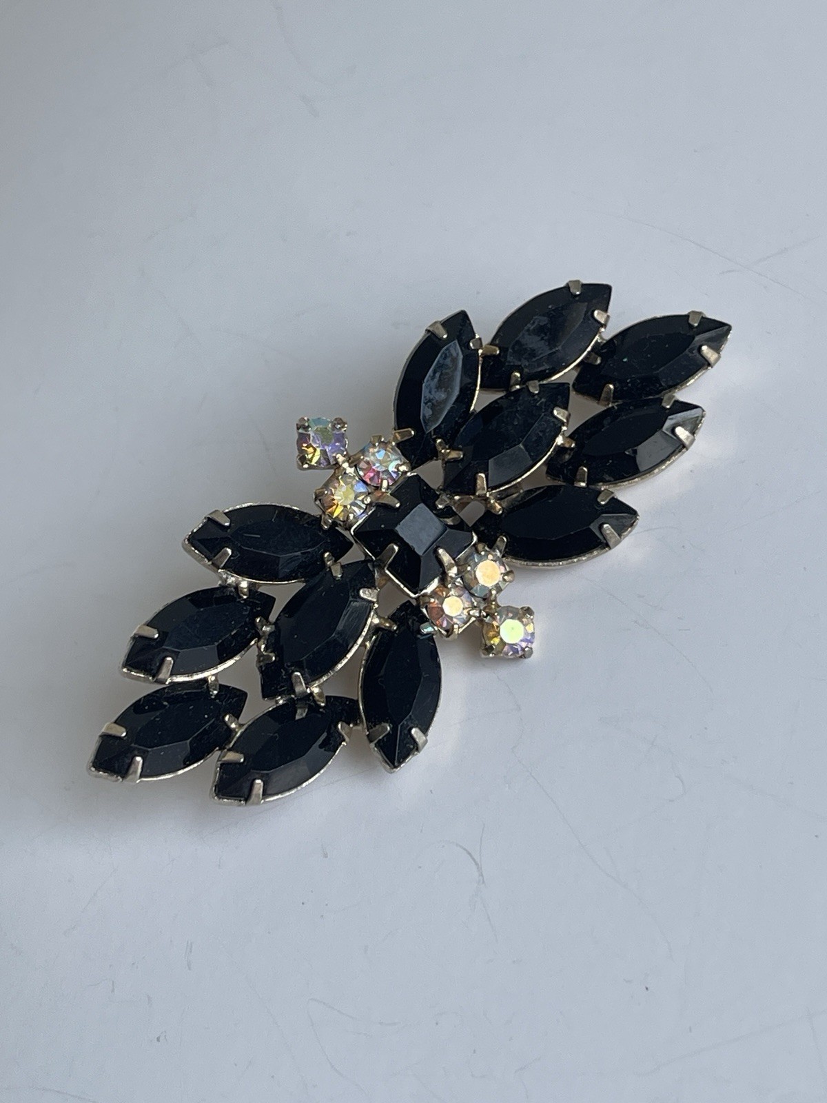Vintage Juliana slyle black navette rhinestone brooch AB unmarked