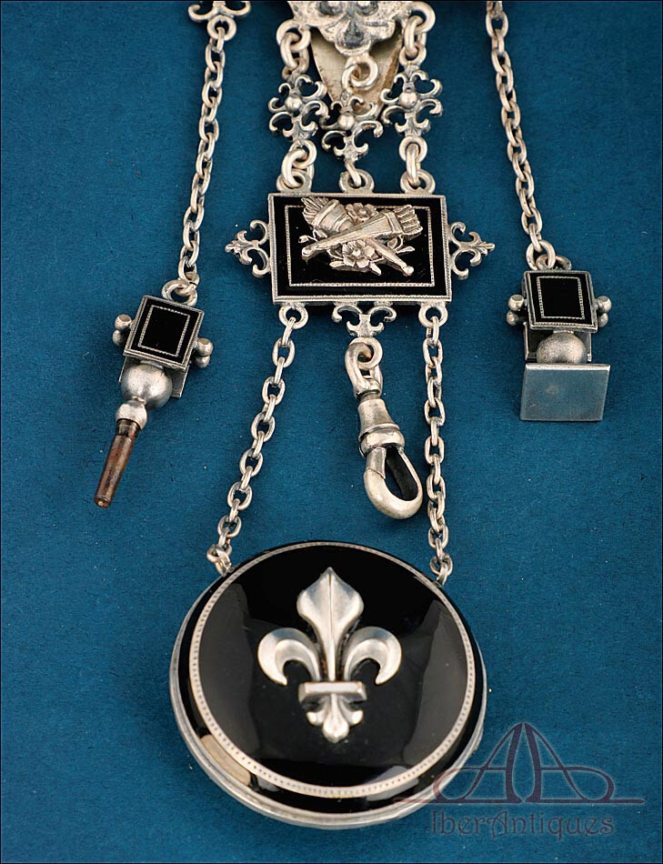 Antique French Chatelaine Silver-Plated Metal and Enamel. France, Circa 1840