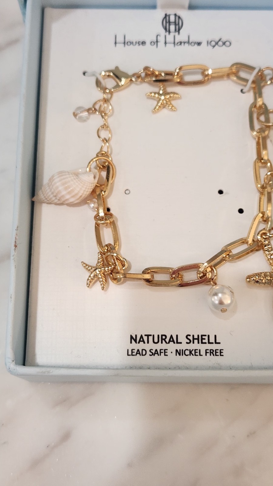 House of Harlow 1960 Gold Link Seashell Starfish Pearl Bracelet