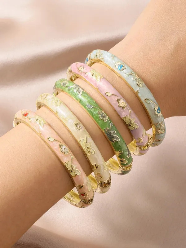 5PCS Fine Small Flower Cloisonne Enamel Bangles For Women Vintage Bohemian
