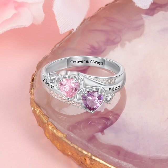Customized Two Name Birthstone Ring Engraved Jewelry Partner Gift Romance Heart
