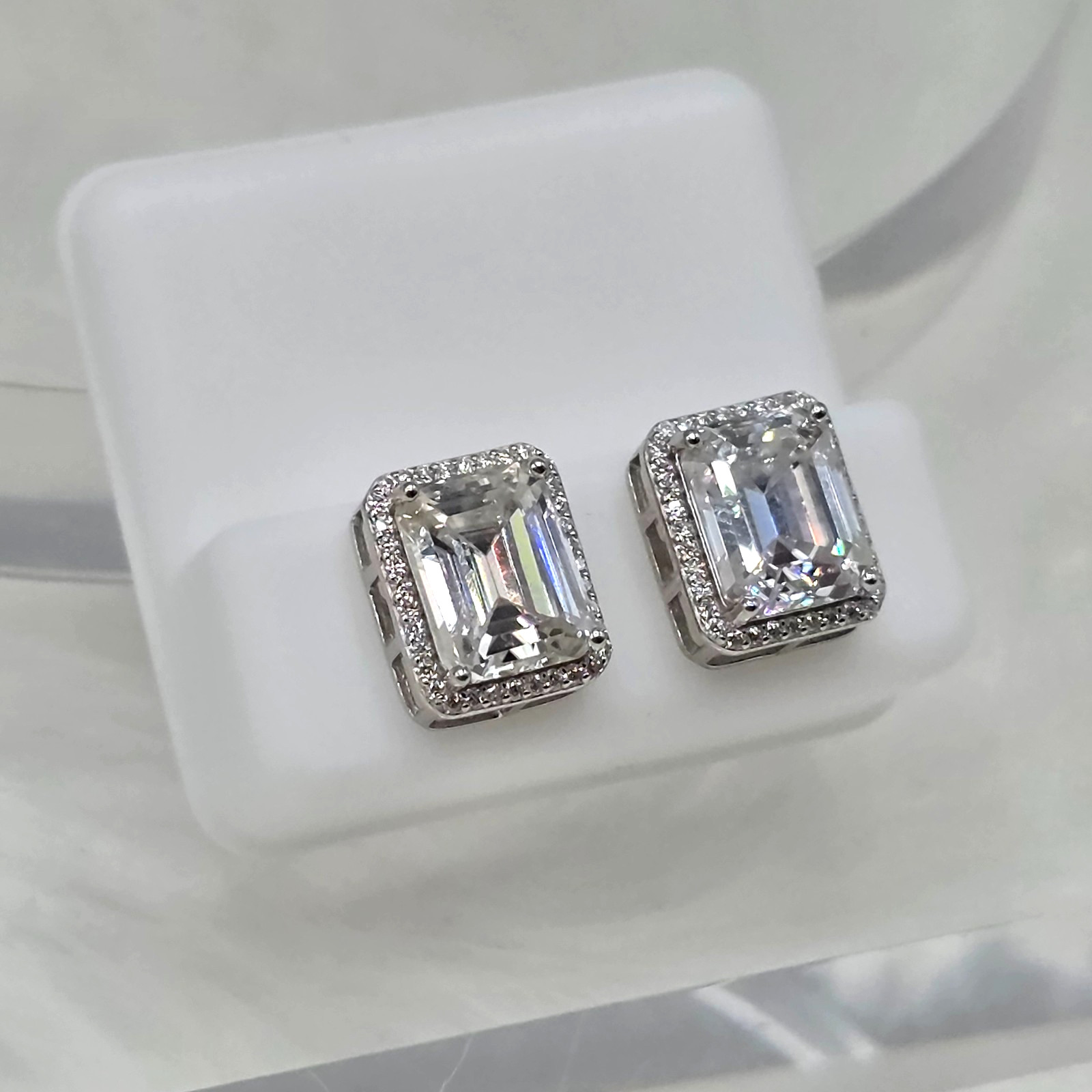 12mm, 8ct, Moissanite 925 Silver Stud Earrings, Rectangle with Halo, Unisex