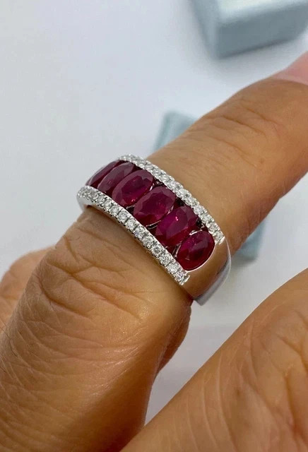 2.80 Ct Oval Cut Lab Created Red Ruby Wedding Band Ring 14K White Gold Plated