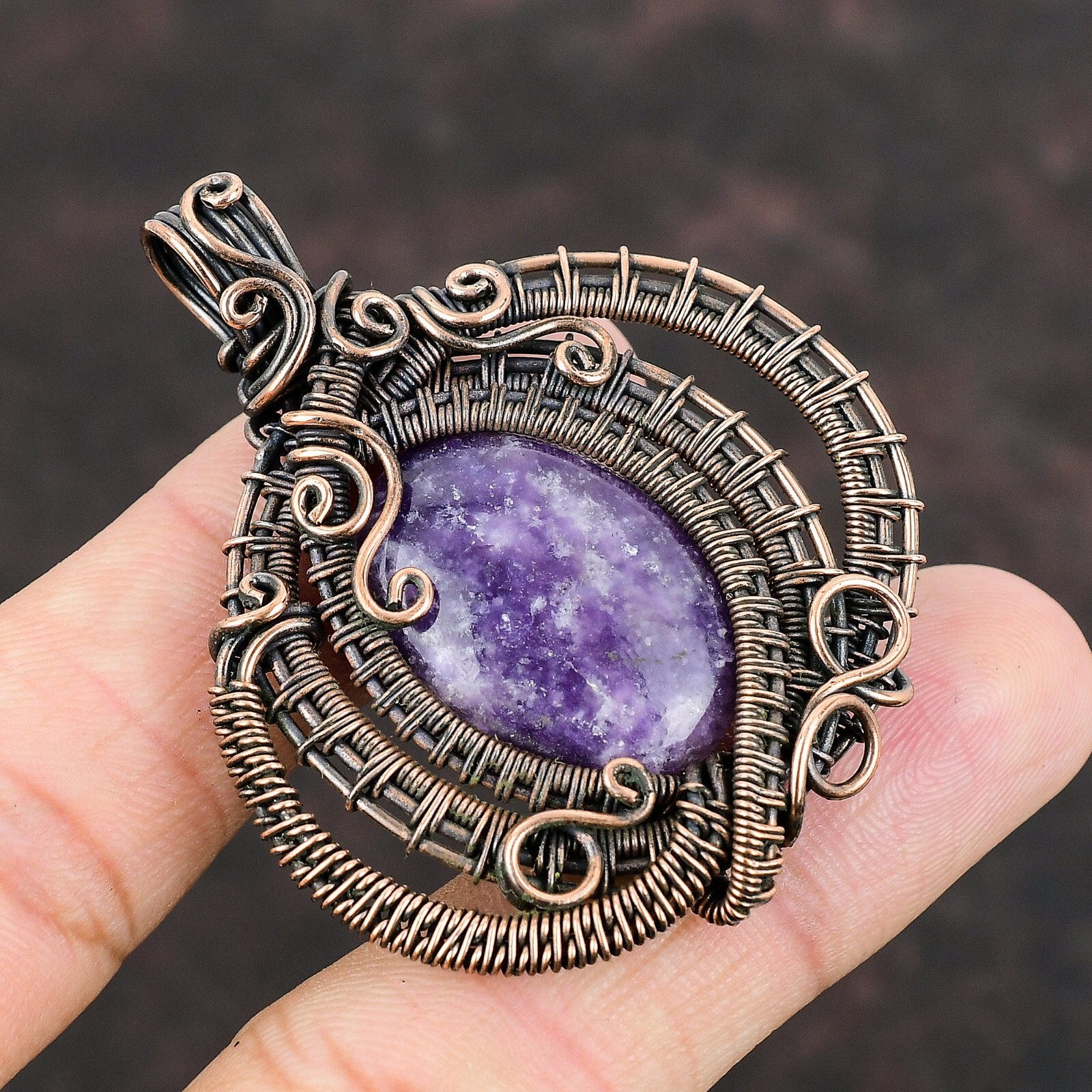 Lepidolite Wire Wrapped Pendant Handcrafted Copper Unique Gift 2.24″