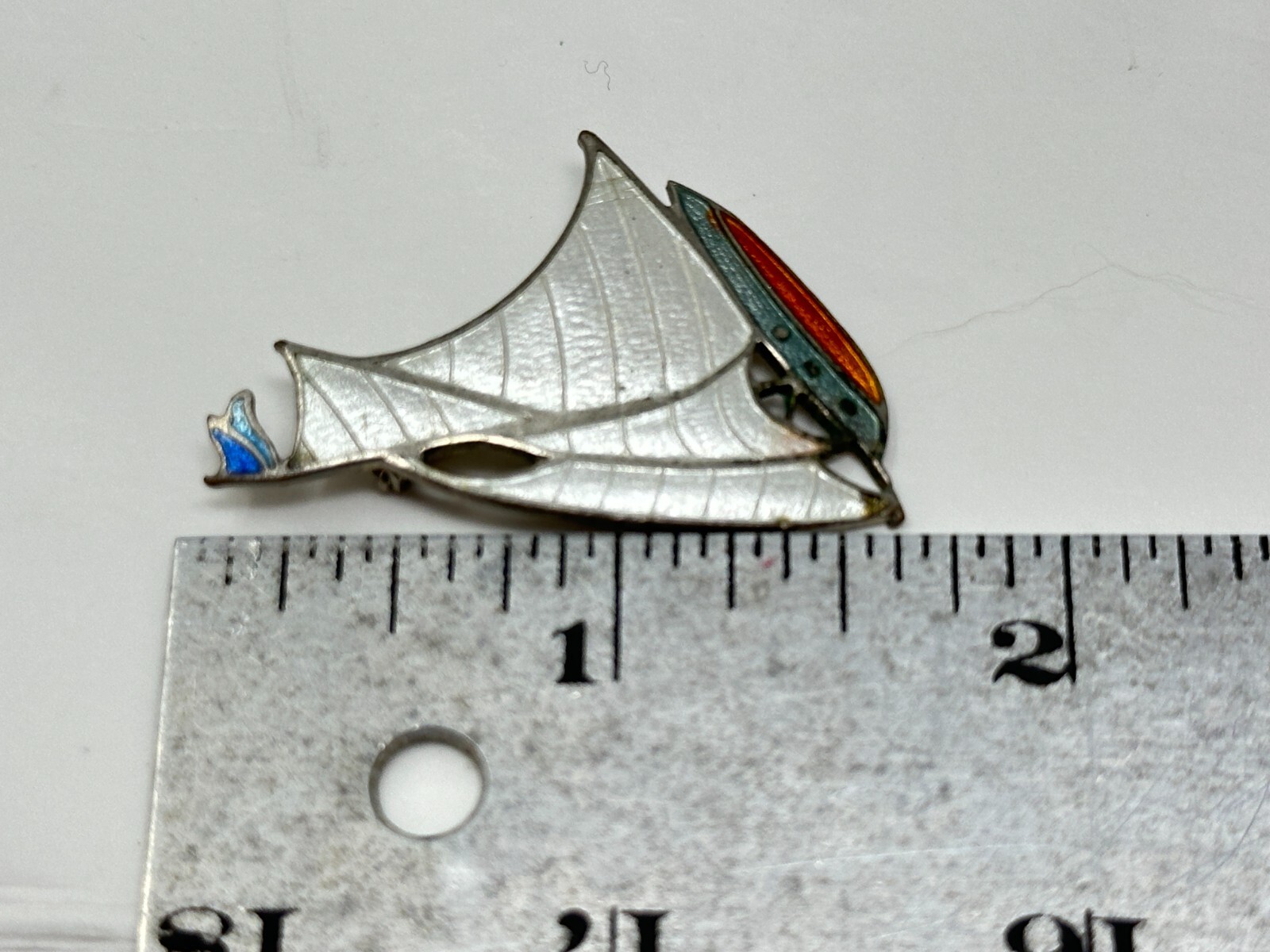 Vintage Silvertone White Orange Blue Enamel Sailboat Boat Pin