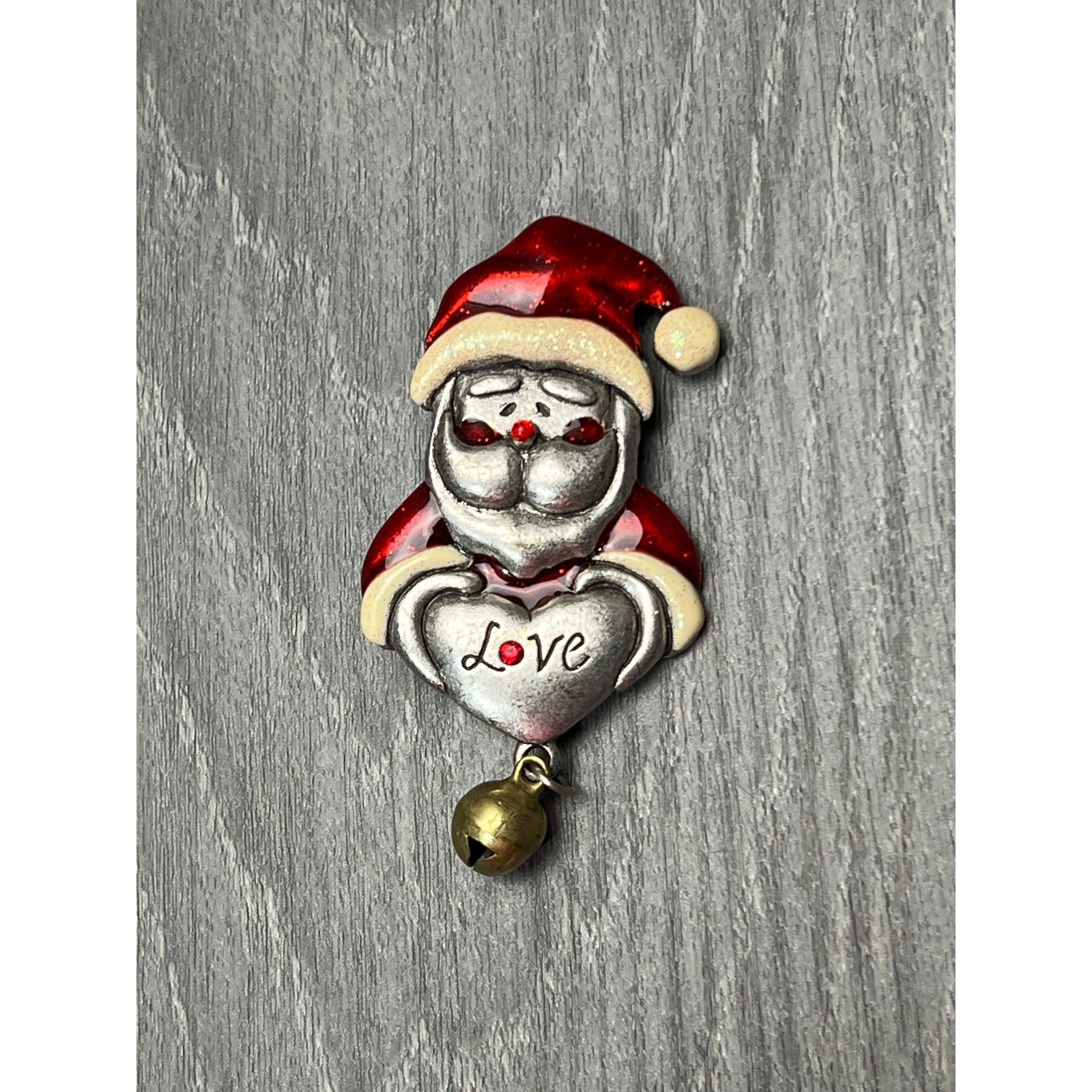 AJMC Vintage Santa Claus Heart Love Brooch Red Enamel Jingle Bell Christmas Pin