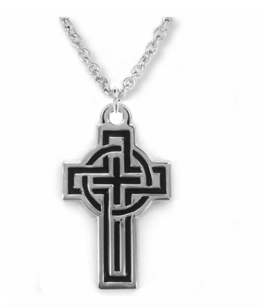 STERLING SILVER AND BLACK ENAMELED CELTIC CROSS NECKLACE