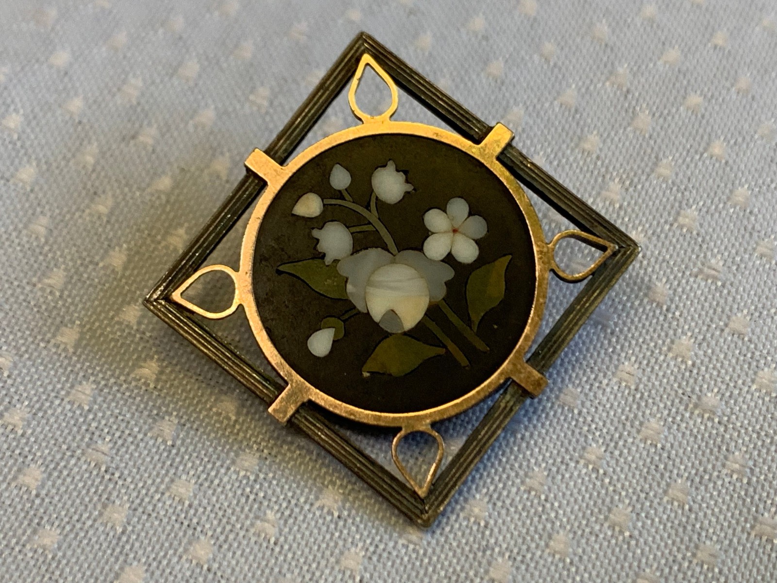 Vtg Pietra Dura Sterling Silver Gold Filled Floral Brooch Jewelry Flower Pin