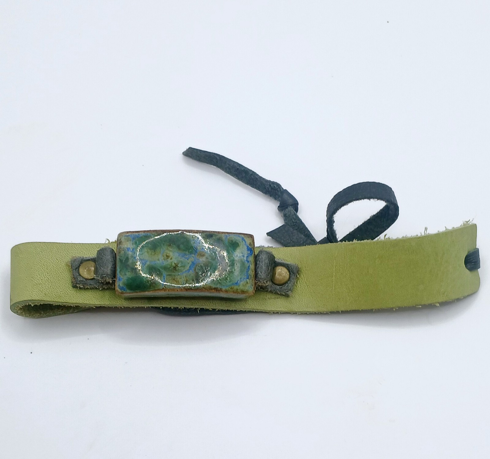 Green Glazed Ceramic Leather Adjustable Tie Bracelet