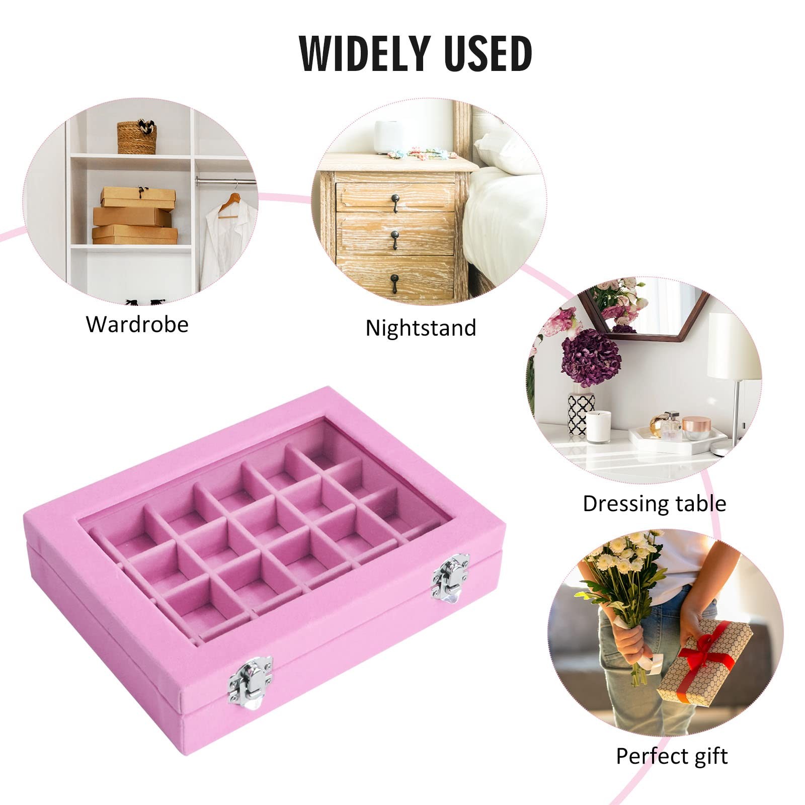Velvet Jewelry Box 24 Grid Ring Display 24 Grid, Pink