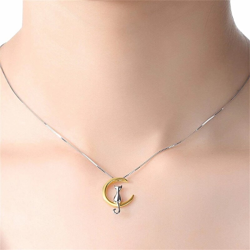 The Cat on The Moon Necklace two tone 925 sterling silver