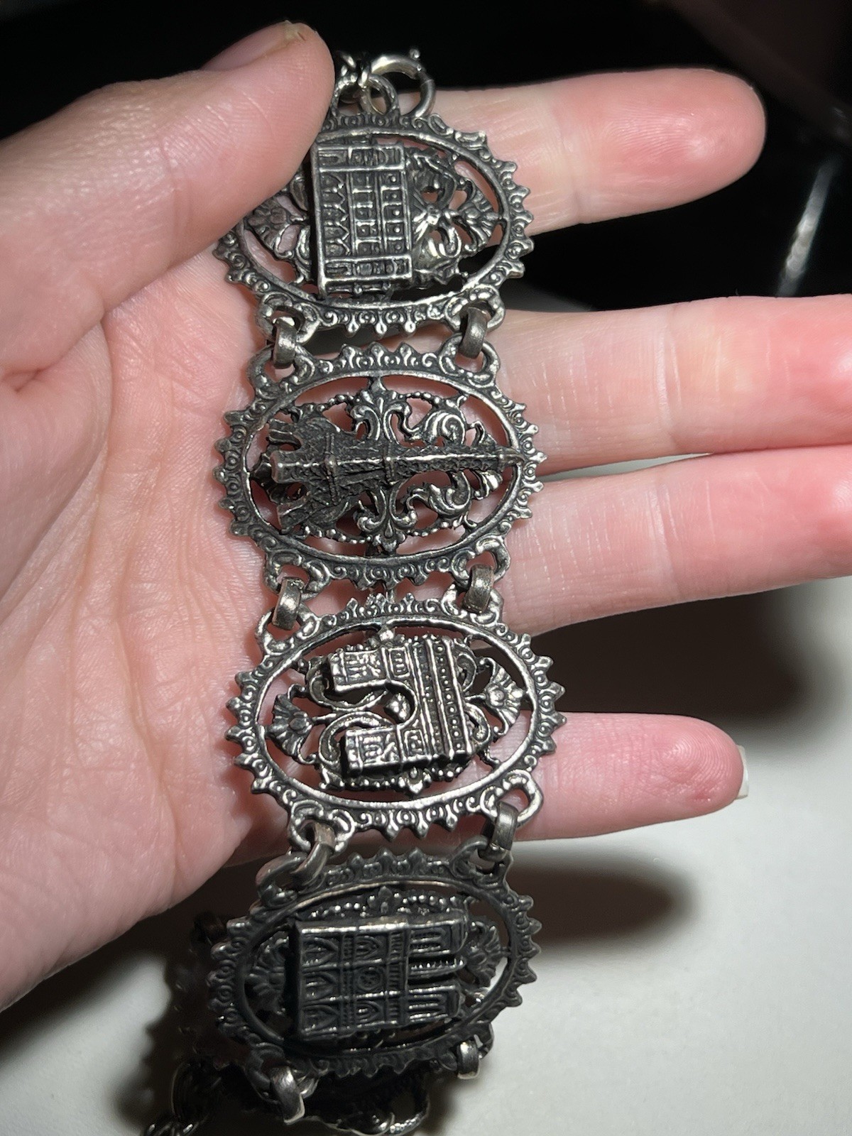 Vintage Paris Eiffel Tower Black Gray Metal Panel Bracelet