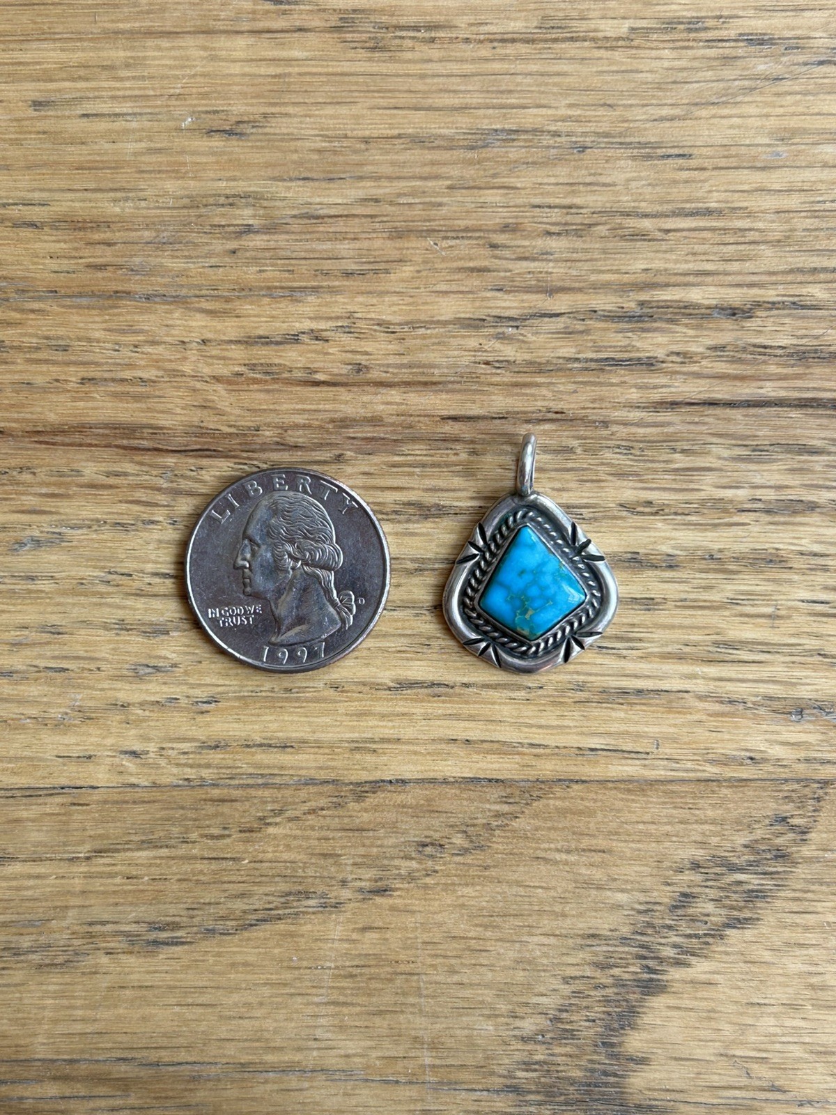 Vintage Sterling Silver Turquoise Petite Handmade Geometric Teardrop Pendant 4g