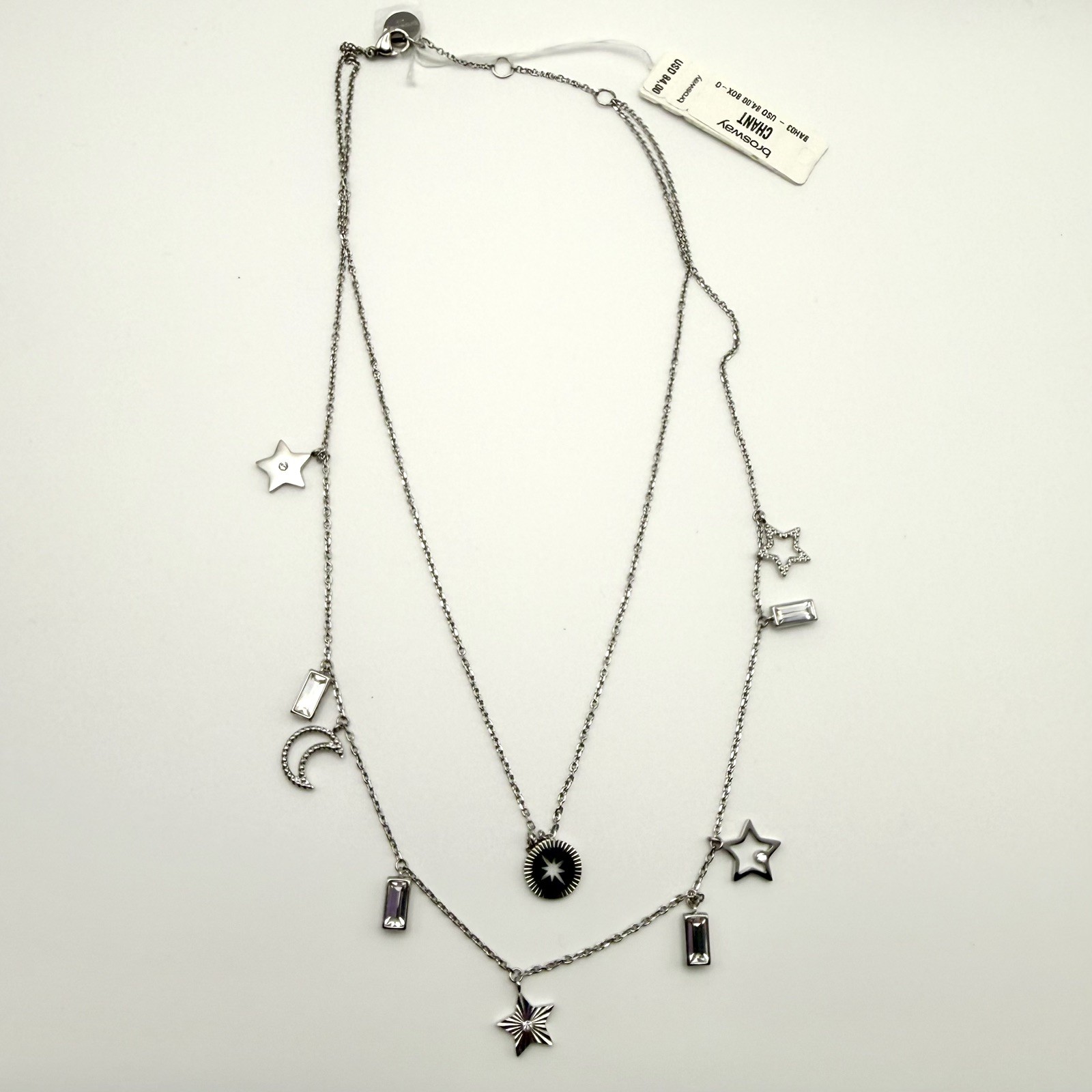 Brosway-Double Layered Necklace-Chant-Moon and Stars-Crystal-Silver- 16″-NWT