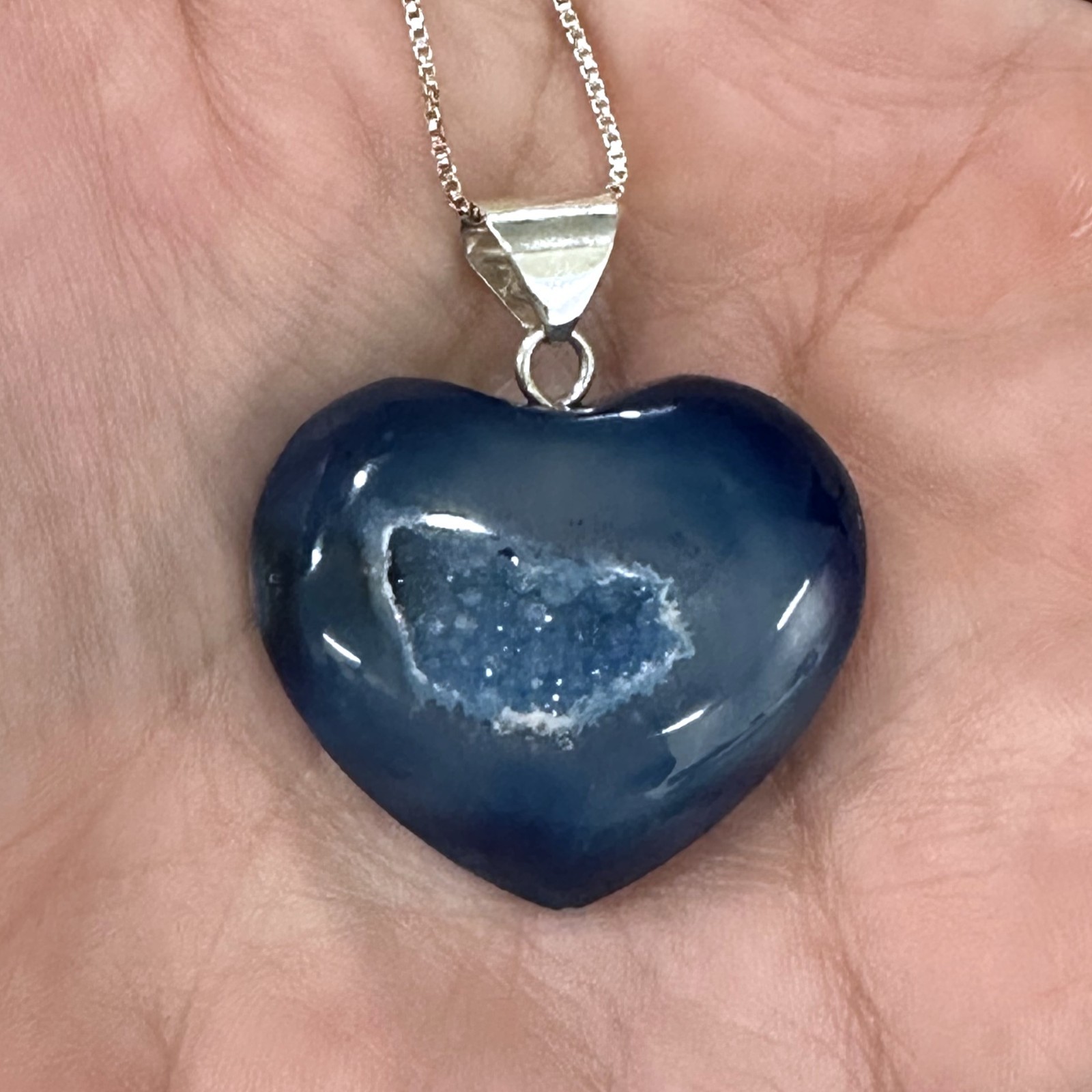 Sterling Silver 925 Italy Blue Druzy Agate Heart Pendant Necklace 17″ 18g New