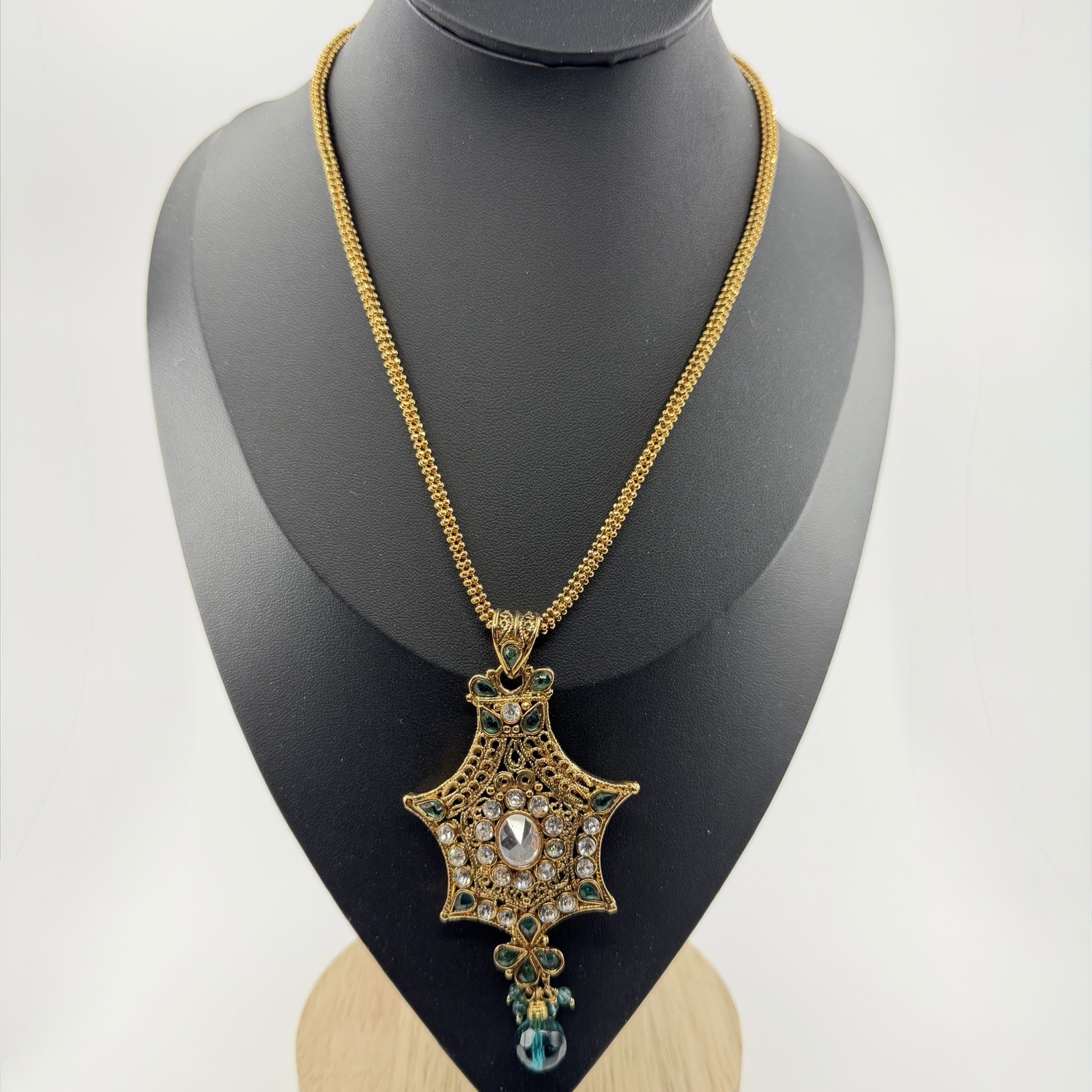 Gold Tone Ornate Multi Pointed Pendant Accented Clear Teal Rhinestone 16”