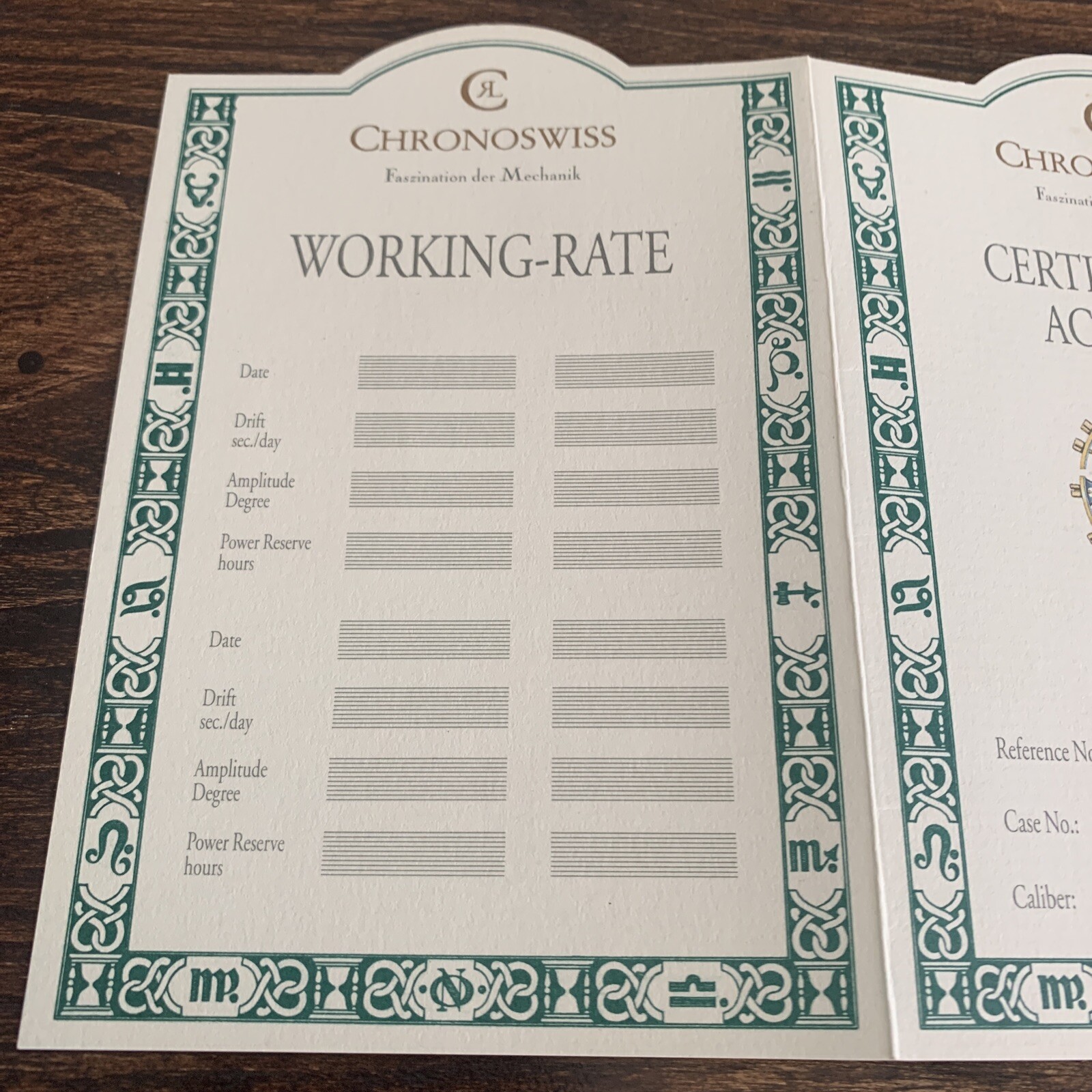 Chronoswiss Watch Certificate of Accuracy Working-Rate Paper Caliber ETA 7001