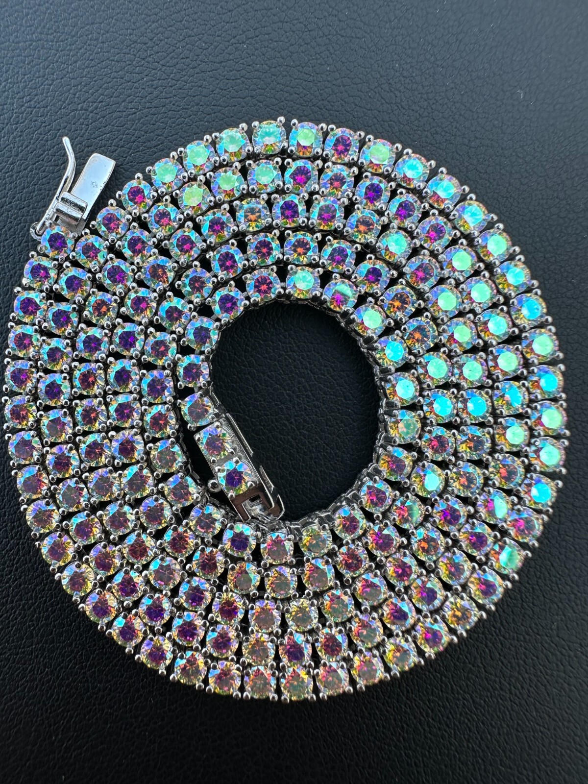 Real Opal Rainbow MOISSANITE 3mm Tennis Chain 925 Silver Iced Necklace Pass Test
