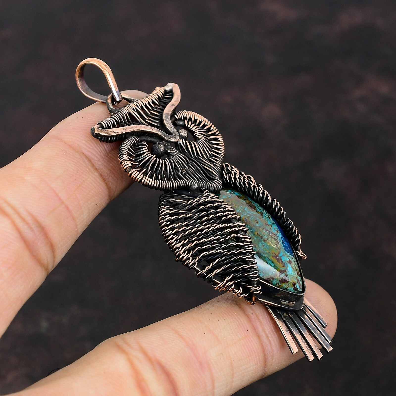 Azurite Malachite Jewelry Copper Friend Gift Wire Wrapped Owl Pendant 3.15″