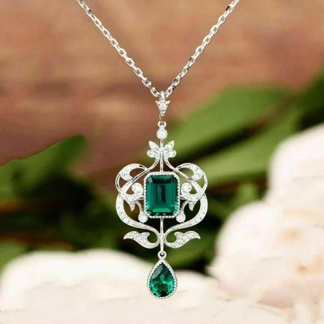 Art Deco Style Party Wear Lab Created Green Emerald Pendant White Gold Plated