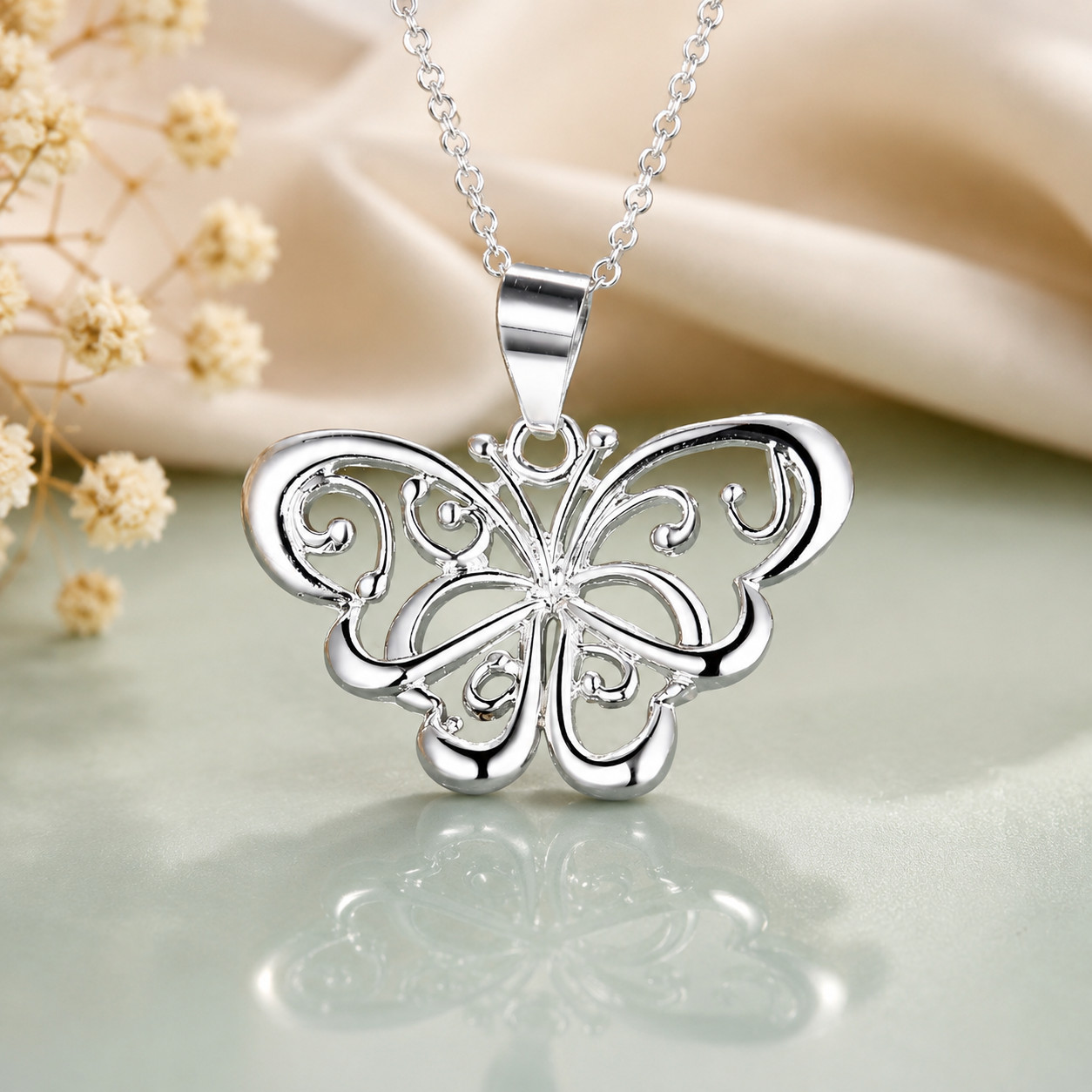 925 Stamped Silver Plated Butterfly Pendant Necklace 18″ Womens Fashion Jewelry