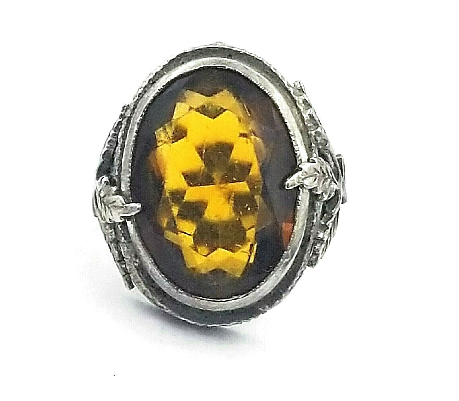 Antique Deco Filigree Large Faux Citrine Leaf Design Ring Size 6.5 H420