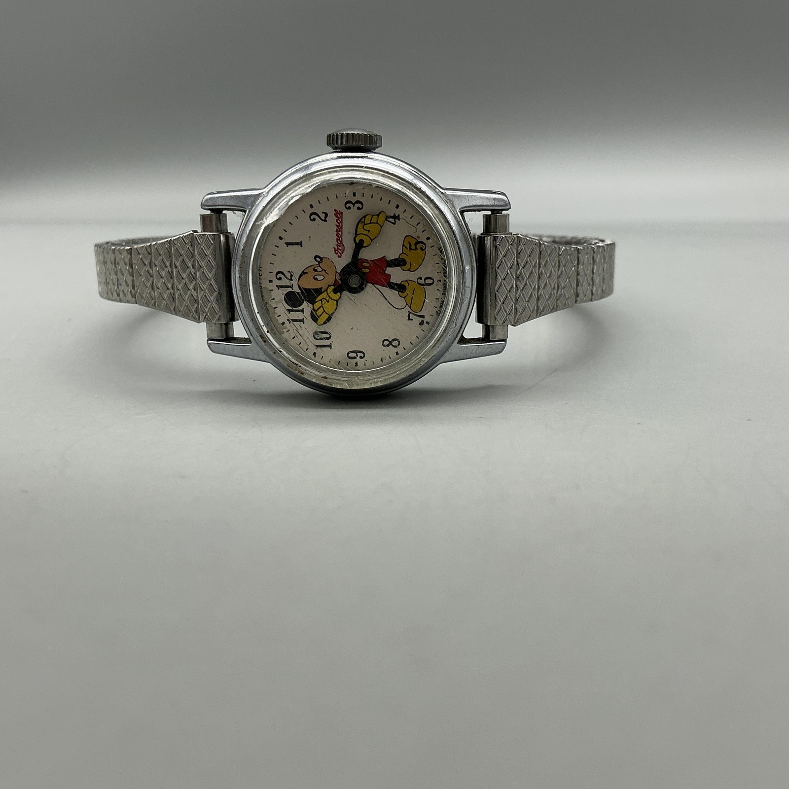 Vtg Ingersoll Mickey Mouse Womens Watch 24mm Silver Tone Manual Stretch Band